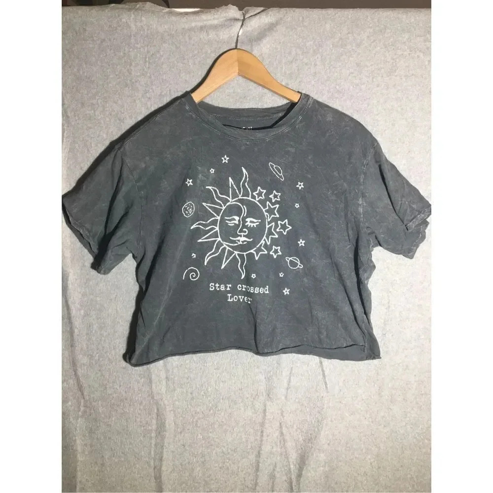 Womens Cali Cropped Tee Shirt Star Crossed Lovers Celestial Stars Moon Acid Wash